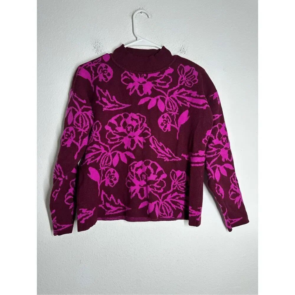 Cyrus Wpmen’s Floral Print Pink Maroon Knit Sweater Crewneck Size S